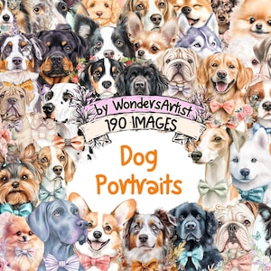 Dog Portraits Watercolor Clipart Bundle - 190 PNG Dogs Images, Puppy Pets Illustrations, Artistic Pet Art, Instant Download, Commercial Use