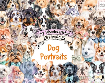 Watercolor Dog Portraits Clipart Bundle: 190 PNG Pet Illustrations (Commercial Use) (Digital Download)