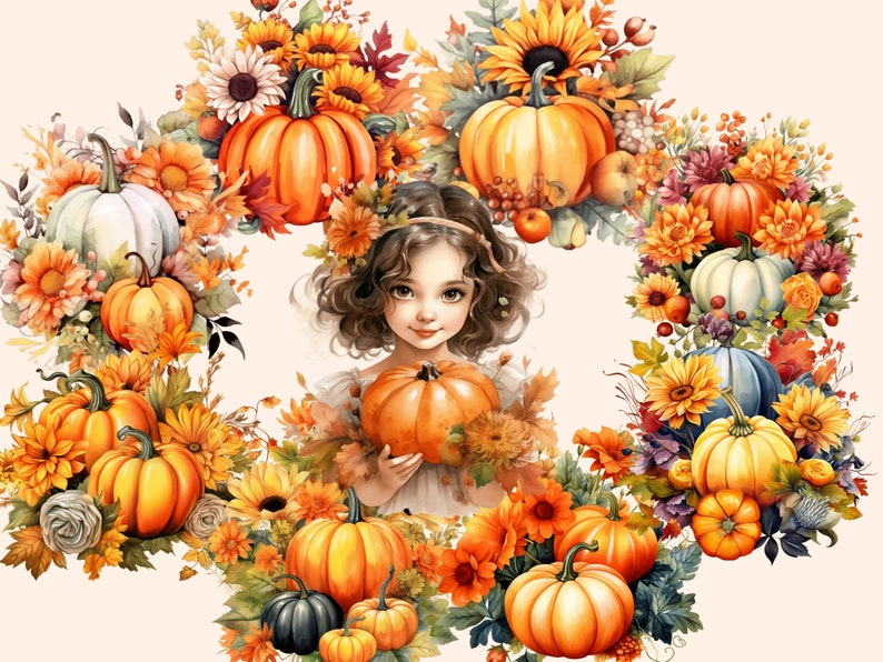 K&ouml;nnte beinhalten: Ein junges M&auml;dchen mit braunen Haaren und einem wei&szlig;en Kleid h&auml;lt einen kleinen orangefarbenen K&uuml;rbis. Sie ist umgeben von einem Kranz aus Herbstlaub, Sonnenblumen und K&uuml;rbissen in verschiedenen Oranget&ouml;nen, Wei&szlig; und Blau.