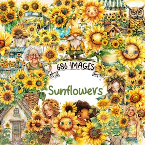 Sunflowers Watercolor Clipart Bundle - 686 PNG Bright Sunflower Images, Sunny Summer Floral Graphics,Instant Digital Download,Commercial Use