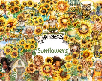 Watercolor Sunflowers Clipart Bundle: 686 PNG Floral Graphics (Digital Download)