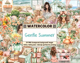 Watercolor Summer Clipart: Soft Pastel Floral Illustrations (Digital Download, Commercial Use PNG Graphics Bundle)