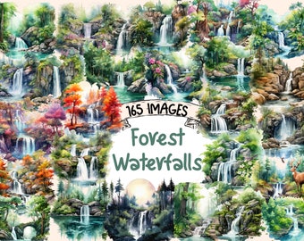 Watercolor Forest Waterfalls Clipart Bundle: 165 PNG Nature Graphics (Digital Download)