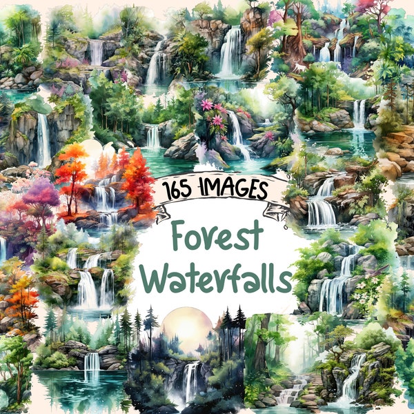 Forest Waterfalls Watercolor Clipart Bundle - 165 PNG Waterfall Images, Scenic Nature Graphics, Instant Digital Download, Commercial Use