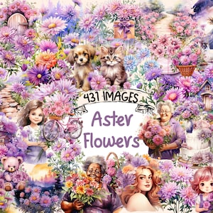 Aster Flowers Watercolor Clipart Bundle: 431 PNG Floral Graphics (Digital Download)