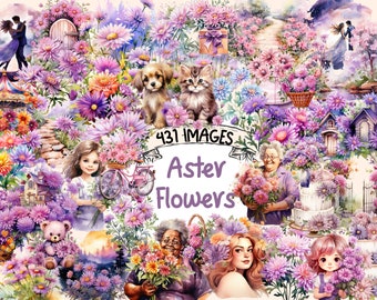 Aster Flowers Watercolor Clipart Bundle: 431 PNG Floral Graphics (Digital Download)