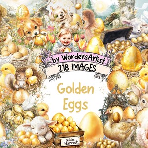 Golden Eggs Watercolor Clipart - 218 PNG Easter Graphics, Shiny Egg Illustrations, Spring Printables,Instant Digital Download,Commercial Use