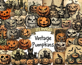 Vintage Halloween Pumpkin Clipart: 172 PNG Images (Digital Download)