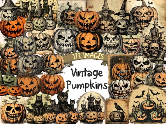 Vintage Halloween Pumpkin Clipart: 172 PNG Images (Digital Download)