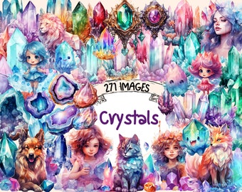May include: A digital illustration of 271 images of crystals. The image features a variety of crystals in different colors and shapes, including amethyst, rose quartz, and citrine. The crystals are surrounded by a variety of other objects, including animals, flowers, and people. The image is set against a background of a light pink and blue gradient.