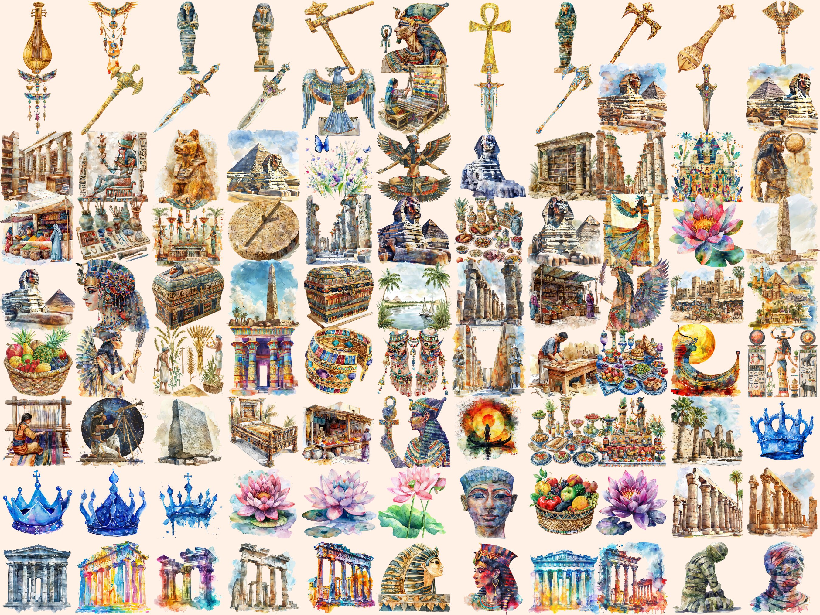 Ancient Egypt Watercolor Clipart Bundle: Pharaohs, Pyramids (digital ...