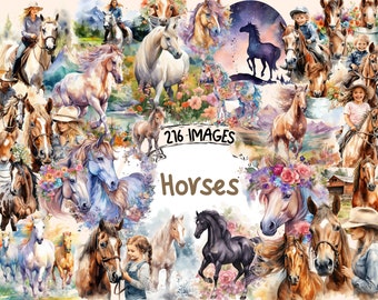 Horses Watercolor Clipart - 216 Magical Enchanting Horse Illustrations, Animals in the Nature, PNG, Instant Digital Download, Commercial Use