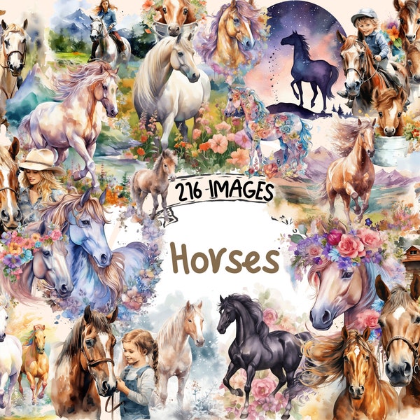 Horses Watercolor Clipart - 216 Magical Enchanting Horse Illustrations, Animals in the Nature, PNG, Instant Digital Download, Commercial Use