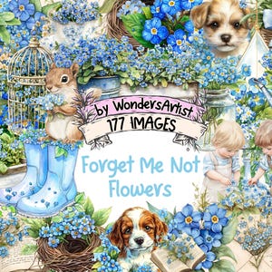 Forget Me Not Flowers Watercolor Clipart Bundle - 177 PNG Floral Images, Blue Flower Botanical Illustrations,Instant Download,Commercial Use