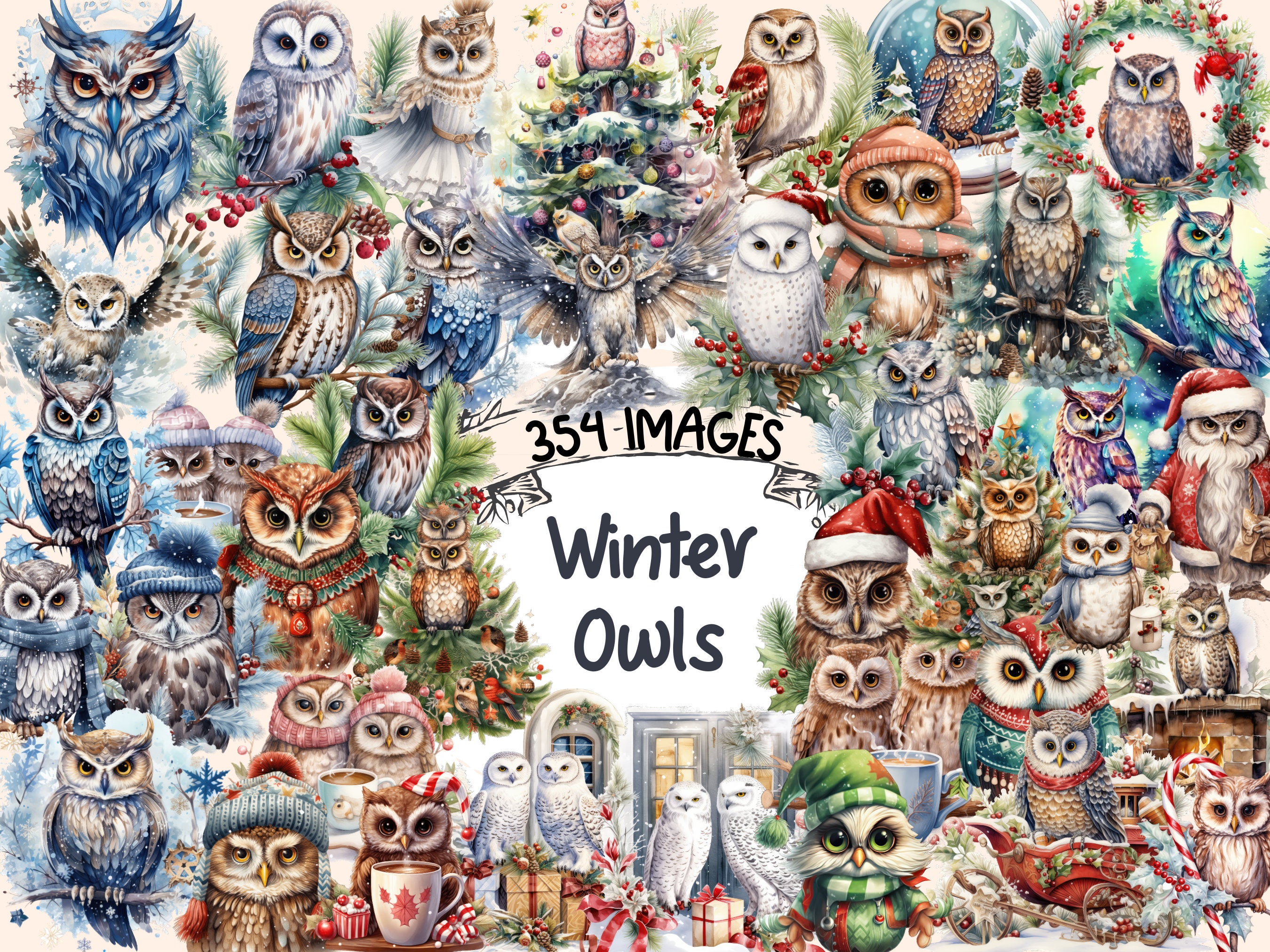 Winter Owls Watercolor Clipart Bundle: Snowy Christmas Graphics (Digital Download)