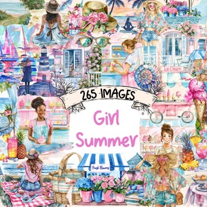 Girl Summer Watercolor Clipart Bundle - 265 PNG Females in Summer Outfits Images, Beach Graphics, Instant Digital Download, Commercial Use