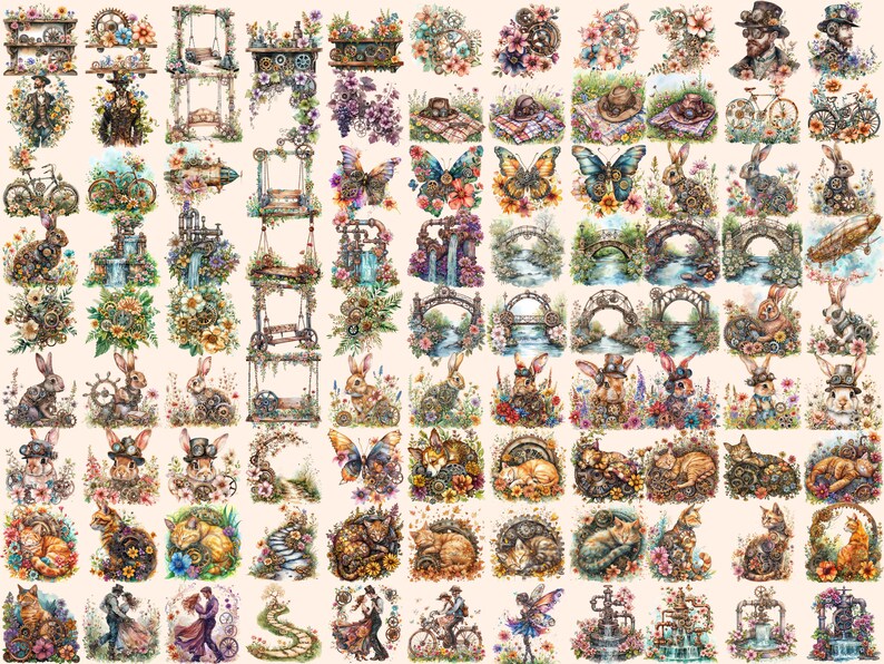Steampunk Spring Watercolor Clipart Bundle: 469 PNG Images (digital ...
