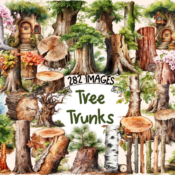 Tree Trunks Watercolor Clipart Bundle - 282 PNG Wooden Eco Forest Images, Nature Woodland Graphics, Instant Digital Download, Commercial Use