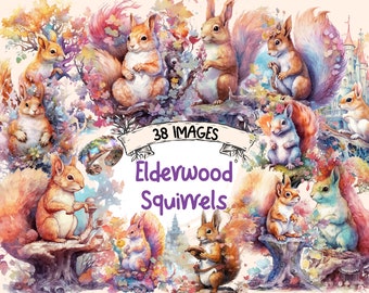 Elderwood Squirrels Watercolor Clipart Bundle - Magical Fairytale Illustrations, Cute Storybook, PNG,Instant Digital Download,Commercial Use