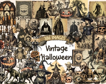 Vintage Halloween Clipart Watercolor Bundle - 386 PNG Retro Antique Images, Old Victorian Graphics, Instant Digital Download, Commercial Use