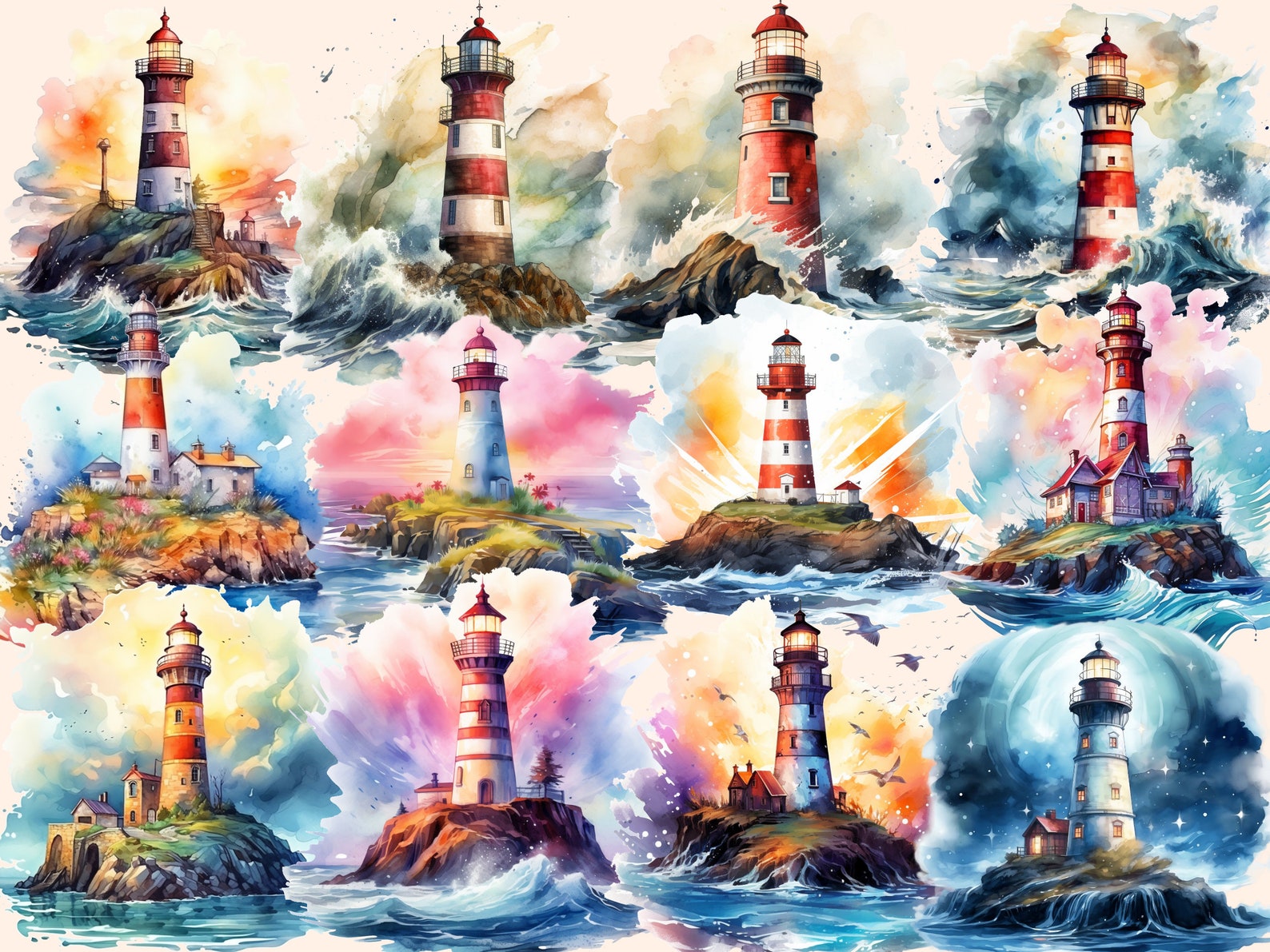 Lighthouses Watercolor Clipart Bundle: 78 Seaside PNG Images (digital ...