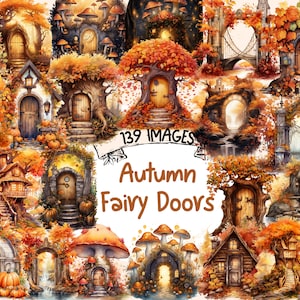 Autumn Fairy Doors Watercolor Clipart Bundle - 139 PNG Whimsical House Images,Fall Entrance Graphics,Instant Digital Download,Commercial Use