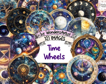 May include: A collage of 121 images featuring circular time wheels with celestial and cosmic designs. The images are in a variety of colors, including blue, purple, gold, and white. The text "Time Wheels" is displayed in the center of the collage.