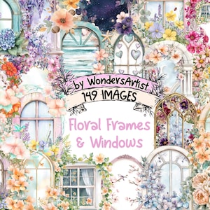 Floral Frames & Windows Watercolor Clipart Bundle - 149 PNG Frame Window Images, Botanical Illustrations, Instant Download, Commercial Use