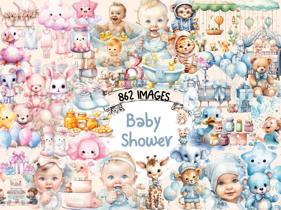 Baby Shower Watercolor Clipart Bundle - 862 PNG Newborn Images, Cute ...