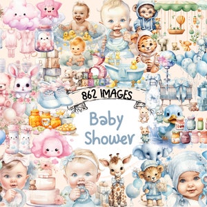 Baby Shower Watercolor Clipart Bundle - 862 PNG Newborn Images, Cute Children Celebration Graphics, Instant Digital Download, Commercial Use