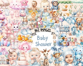 Baby Shower Aquarelle Clipart Bundle - 862 PNG Images du nouveau-né, Graphiques de célébration des enfants mignons, Téléchargement numérique instantané, Utilisation commerciale