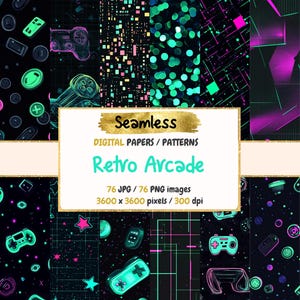 May include: Digital paper set featuring a retro arcade theme. The design includes neon-colored game controllers, buttons, and geometric shapes on a black background. The text "Seamless Digital Papers / Patterns Retro Arcade" is displayed.