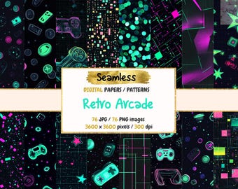 Retro Arcade Seamless Digital Paper: Neon Gaming Textures (Commercial Use)