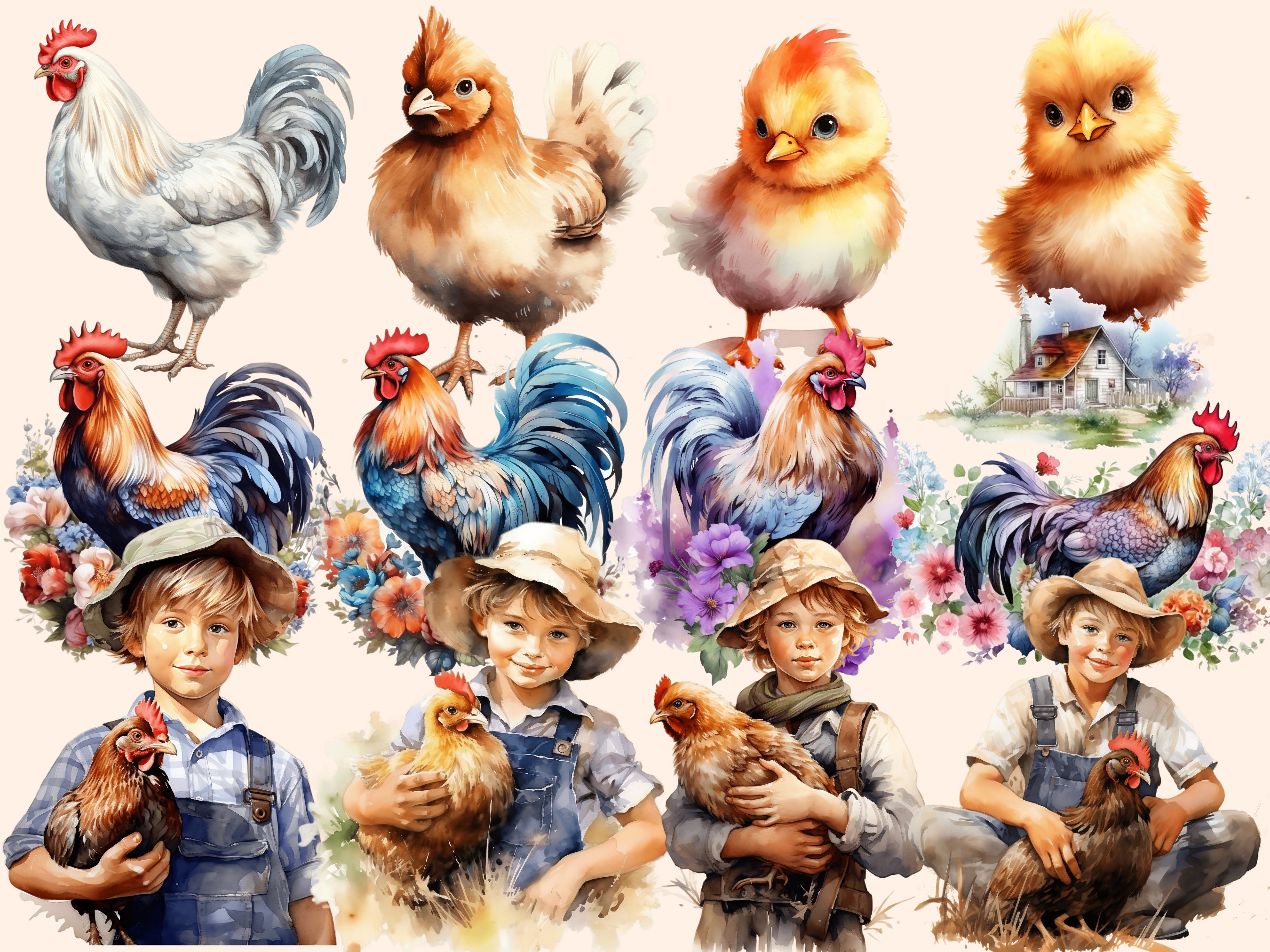 Watercolor Chicken Clipart Bundle: Farm Animal PNG Graphics (digital ...