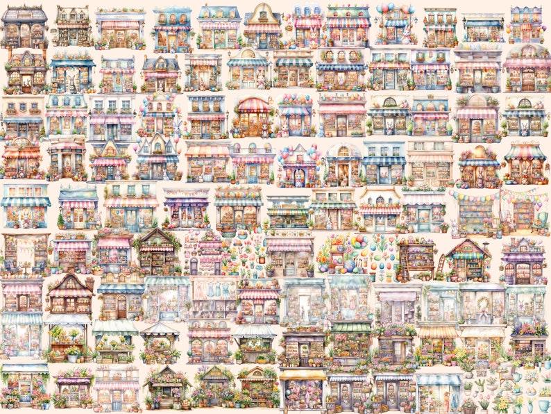 Watercolor Easter Storefronts Clipart Bundle: 244 PNG Shop Images ...