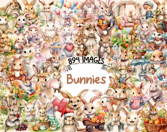 Bunnies Watercolor Clipart Bundle - 894 PNG Cute Adorable Bunny Images, Fairytale Rabbit Graphics, Instant Digital Download, Commercial Use