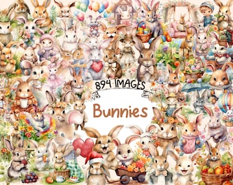 Bunnies Watercolor Clipart Bundle - 894 PNG Cute Adorable Bunny Images, Fairytale Rabbit Graphics, Instant Digital Download, Commercial Use