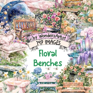 May include: A digital collage of 149 watercolor images featuring floral benches. The images include various styles of benches, flowers, and other decorative elements. The text "Floral Benches" is displayed in a green banner.