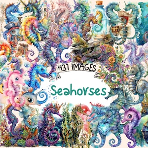 Seahorses Watercolor Clipart Bundle - 431 PNG Vibrant Seahorse Images, Sea Marine Life Graphics, Instant Digital Download, Commercial Use