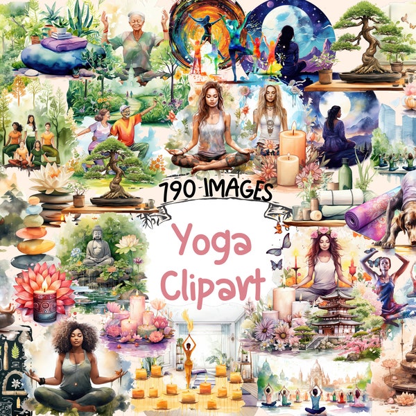 Paquete de imágenes prediseñadas de acuarela de yoga - 790 imágenes PNG de estudio relajante de meditación, gráficos de ejercicio consciente, descarga digital instantánea, uso comercial