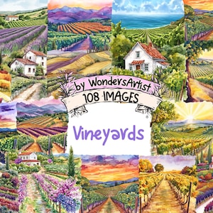 Vineyards Watercolor Clipart Bundle - 108 PNG Grape Images, Rustic Vineyard Illustrations, Wine-Themed Decor,Instant Download,Commercial Use