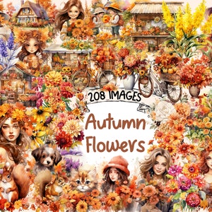 Autumn Flowers Watercolor Clipart Bundle - 208 PNG Fall Floral Images, Seasonal Blossom Graphics, Instant Digital Download, Commercial Use