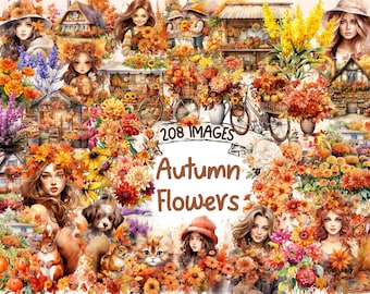 Autumn Flowers Watercolor Clipart Bundle: 208 PNG Graphics (Digital Download)