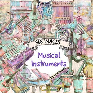 Musical Instruments Watercolor Clipart Bundle - 368 PNG Instrument Images, Symphony Band Graphics, Instant Digital Download, Commercial Use