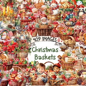 Christmas Baskets Watercolor Clipart Bundle - 409 PNG Festive Basket Images, Holiday Gift Graphics, Instant Digital Download, Commercial Use