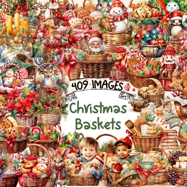 Christmas Baskets Watercolor Clipart Bundle - 409 PNG Festive Basket Images, Holiday Gift Graphics, Instant Digital Download, Commercial Use