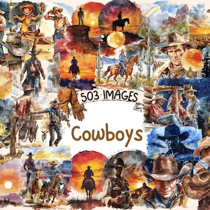 Cowboy Watercolor Clipart Bundle - 503 PNG Western Cowboy Images, Wild West Rodeo Character Graphics,Instant Digital Download,Commercial Use