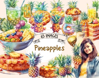 May include: A watercolor illustration of 65 pineapple images. The images include pineapples in various forms, such as whole pineapples, pineapple slices, pineapple juice, pineapple cake, and pineapple fruit salad. The images are in a variety of colors, including yellow, green, and brown. The text "65 IMAGES" and "Pineapples" is included in the image.