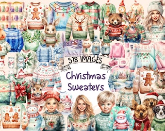 Christmas Sweaters Watercolor Clipart Bundle - 518 PNG Festive Ugly Sweater Images, Holiday Graphics,Instant Digital Download,Commercial Use