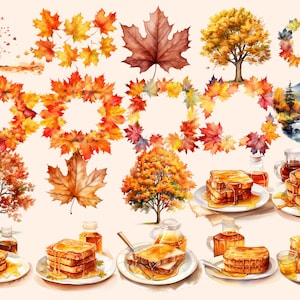 May include: Watercolour illustration of autumn leaves, trees, and maple syrup. The illustration includes a variety of autumn foliage, including red, orange, and yellow leaves. There are also images of maple syrup bottles and stacks of French toast drizzled with syrup.